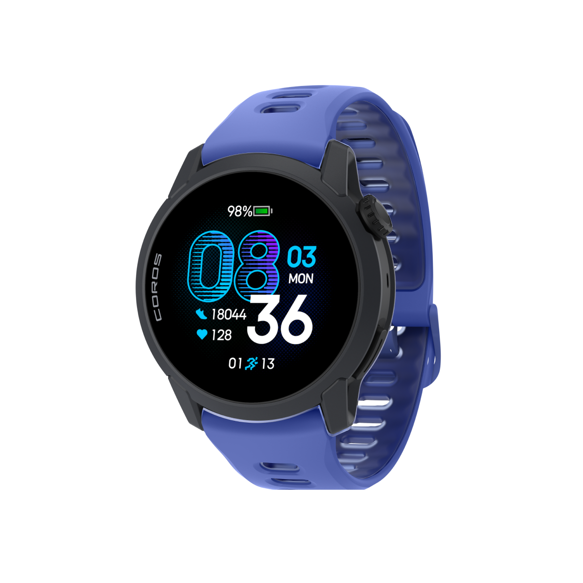 Front three-quarter view of COROS PACE 4 Black / Silicone / Ultraviolet