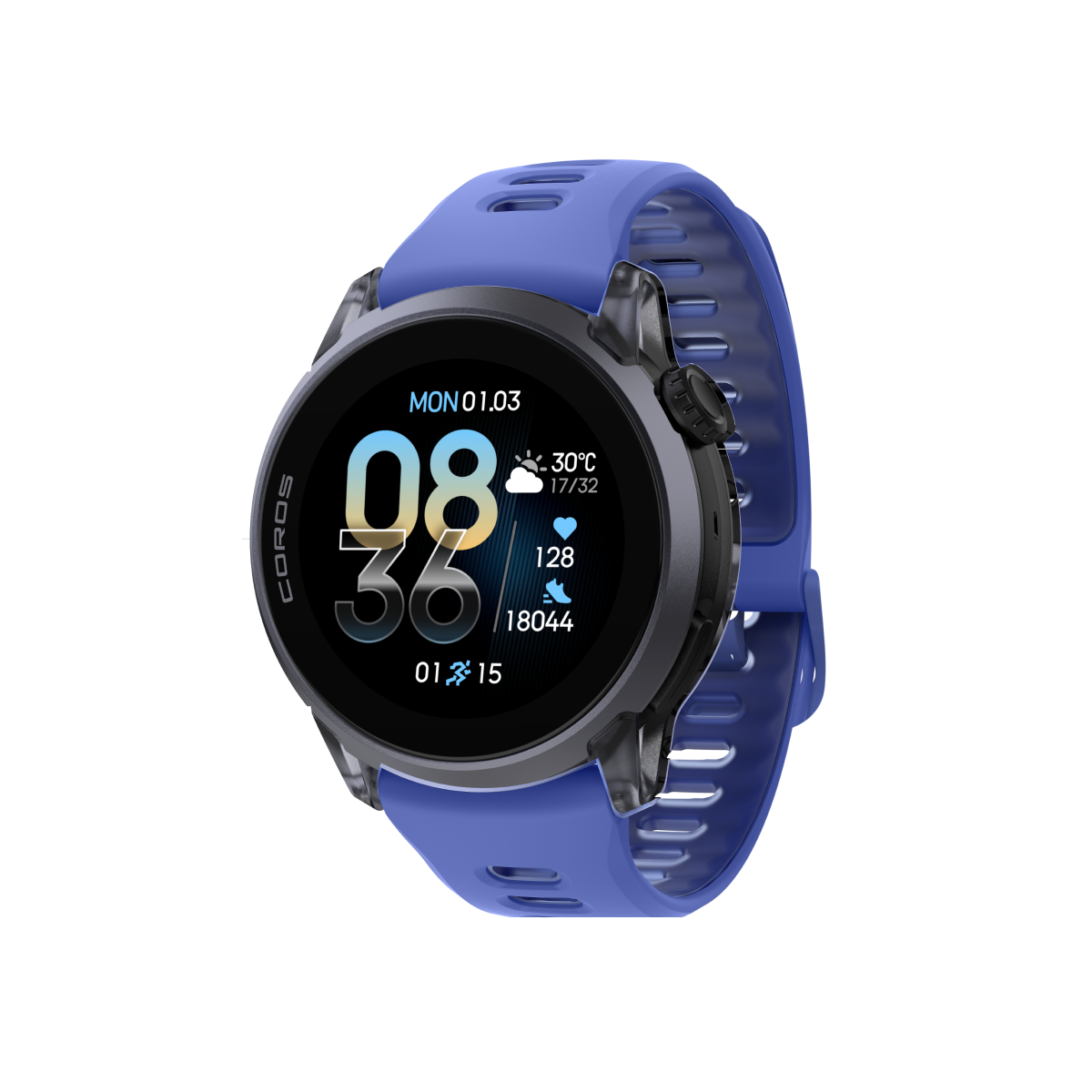 Front three-quarter view of COROS PACE 4 Black Crystal / Silicone / Ultraviolet