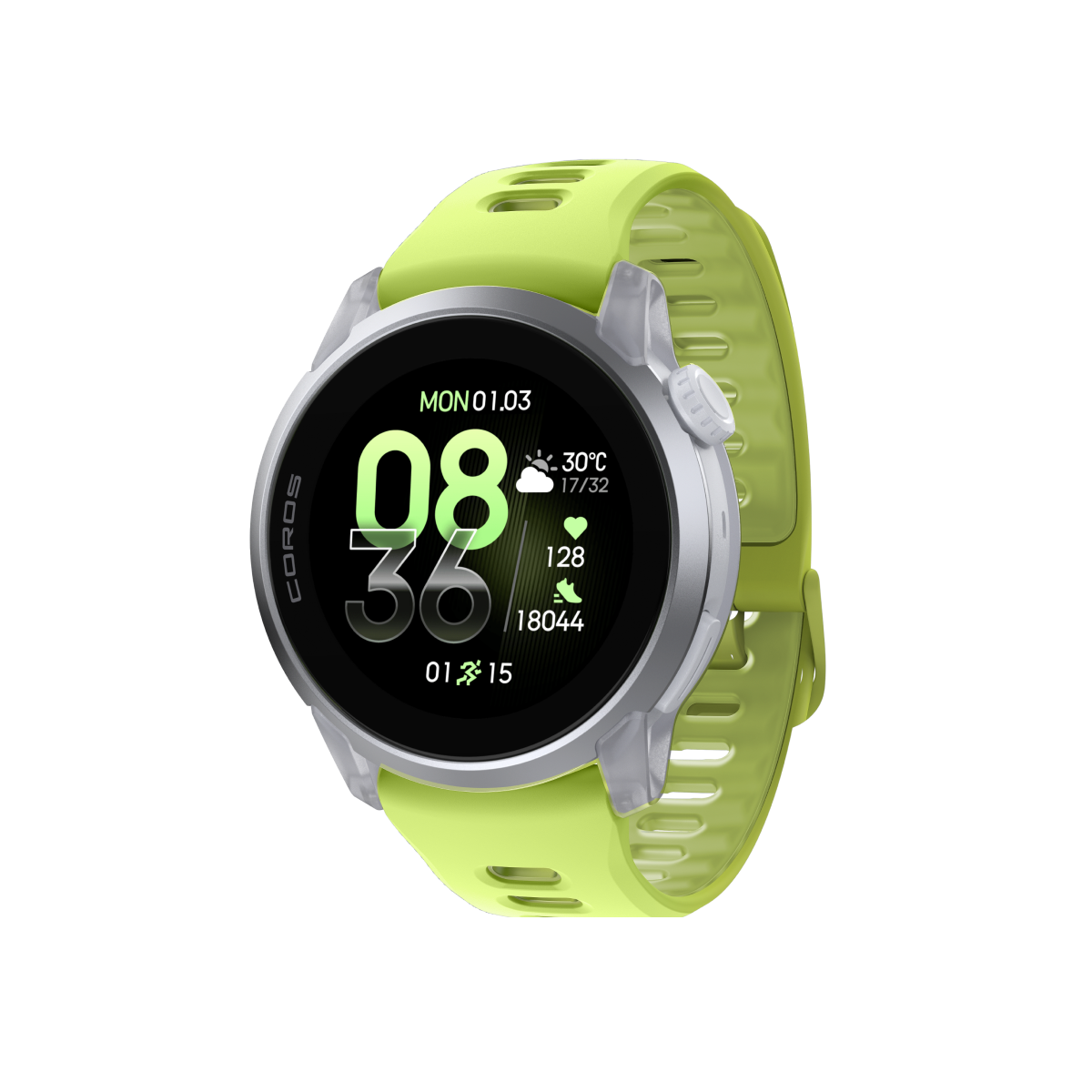 Front three-quarter view of COROS PACE 4 Cloud White / Silicone / Neon Yellow