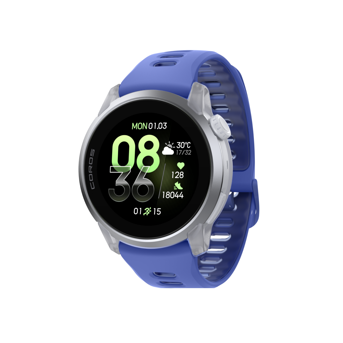 Front three-quarter view of COROS PACE 4 Cloud White / Silicone / Ultraviolet