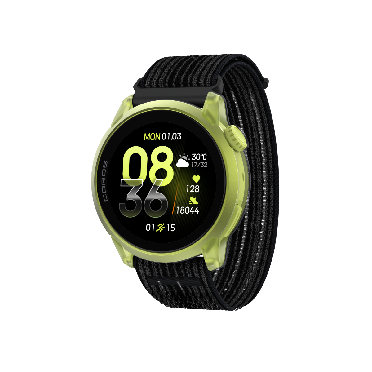 Front three-quarter view of COROS PACE 4 Neon Yellow / Nylon / Striped Black - Long
