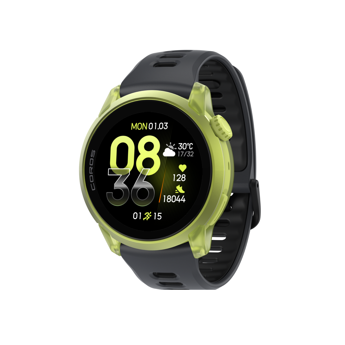 Front three-quarter view of COROS PACE 4 Neon Yellow with Black silicone band