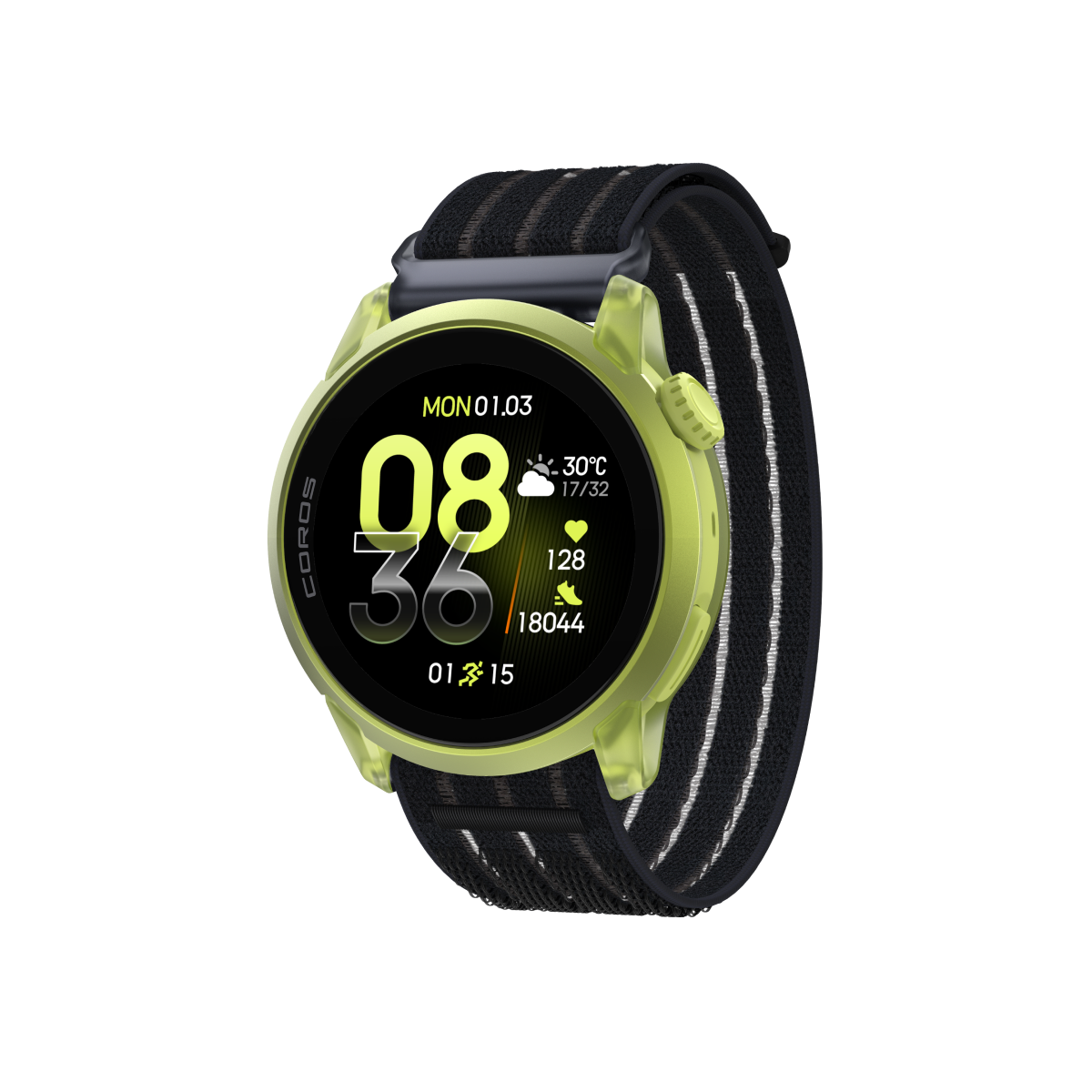 Front three-quarter view of COROS PACE 4 Neon Yellow / Nylon / Black Crystal