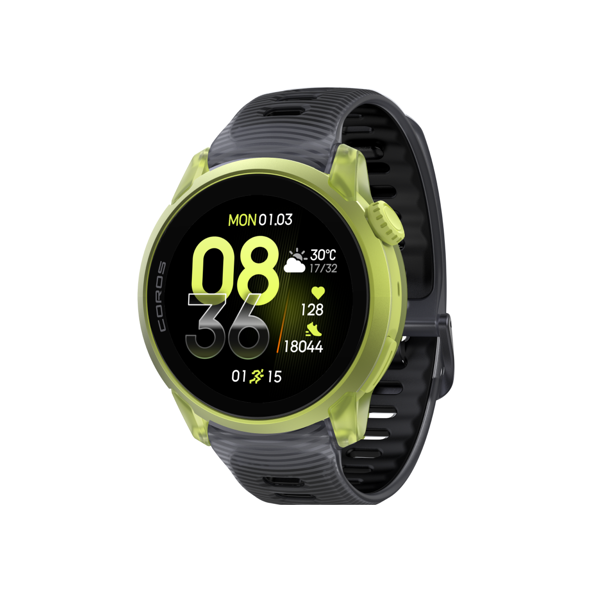 Front three-quarter view of COROS PACE 4 Neon Yellow / Silicone / Black Crystal