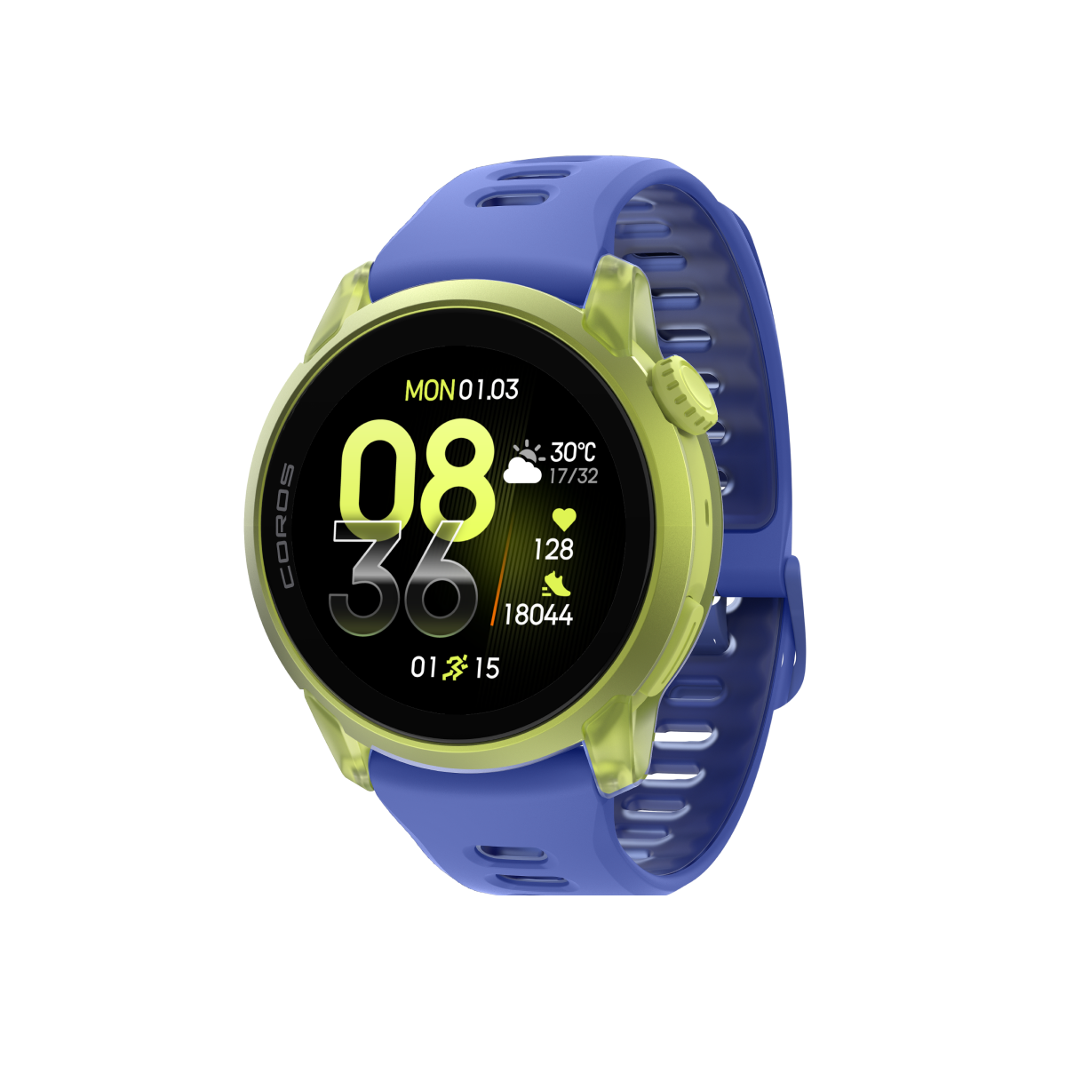 Front three-quarter view of COROS PACE 4 Neon Yellow / Silicone / Ultraviolet