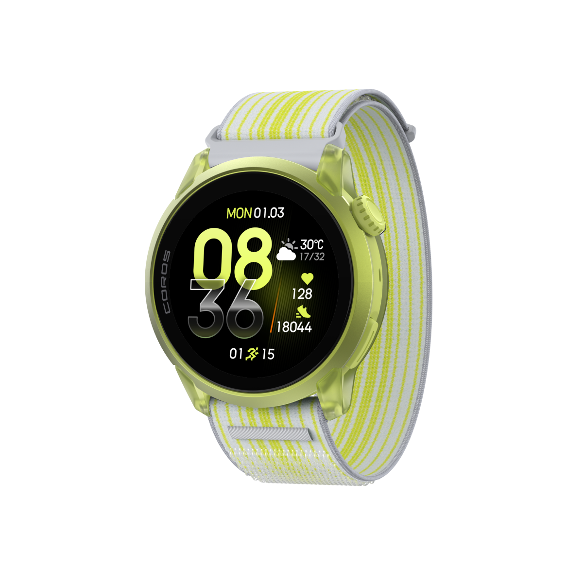 Front three-quarter view of COROS PACE 4 Neon Yellow / Nylon / Striped White