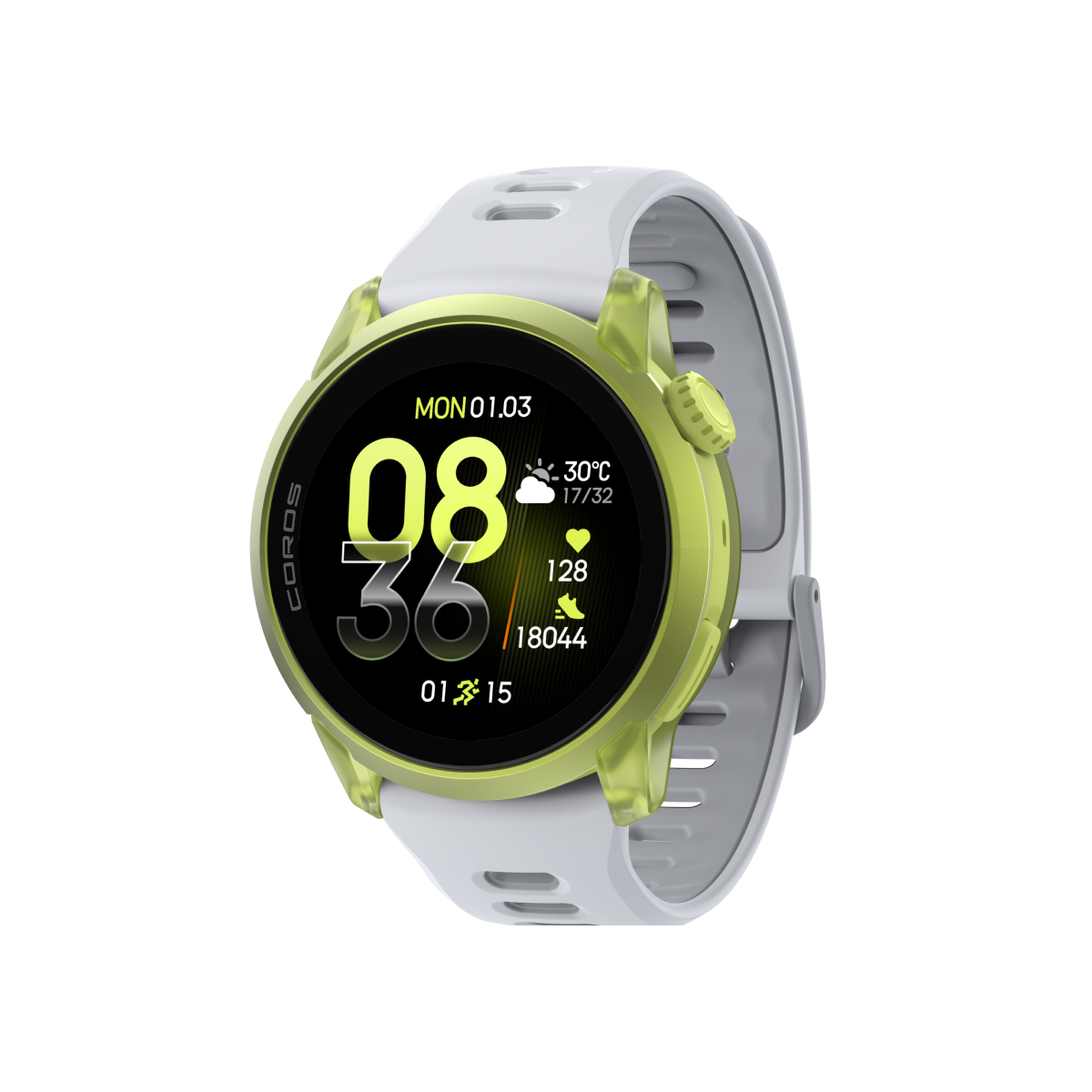 Front three-quarter view of COROS PACE 4 Neon Yellow / Silicone / White