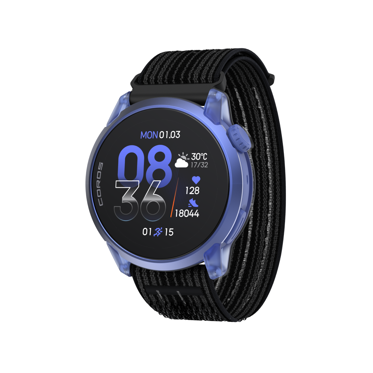 Front three-quarter view of COROS PACE 4 Ultraviolet / Nylon / Striped Black - Long
