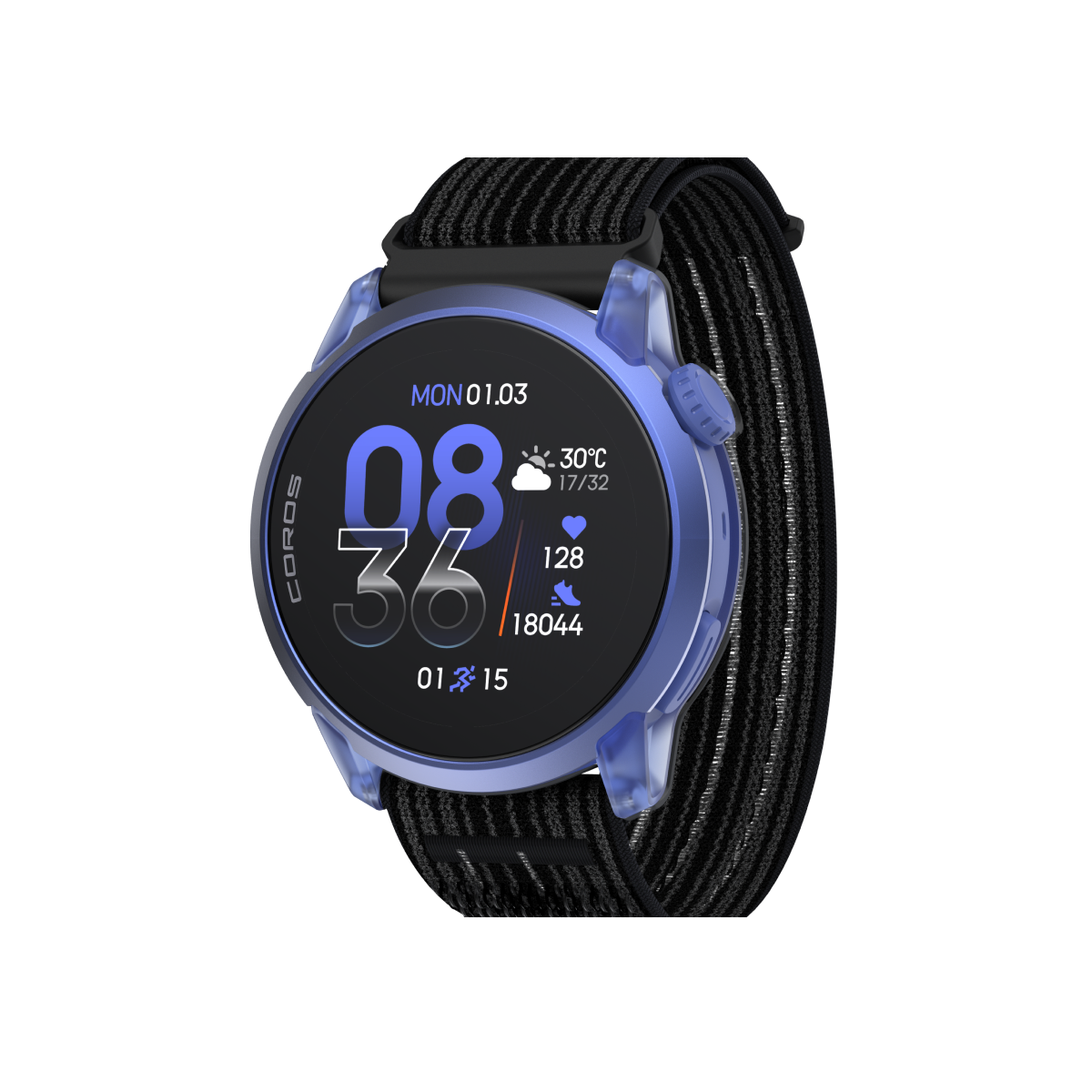 Front three-quarter view of COROS PACE 4 Ultraviolet / Nylon / Striped Black - Long