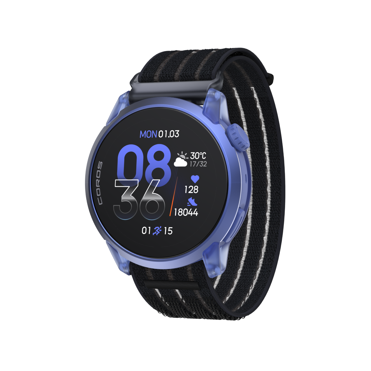 Front three-quarter view of COROS PACE 4 Ultraviolet with Black Crystal nylon band