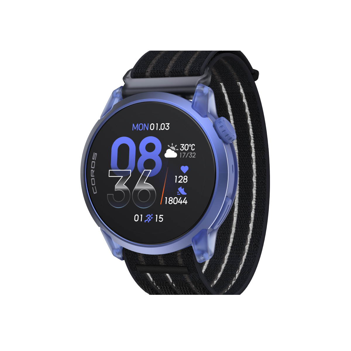 Front three-quarter view of COROS PACE 4 Ultraviolet with Black Crystal nylon band