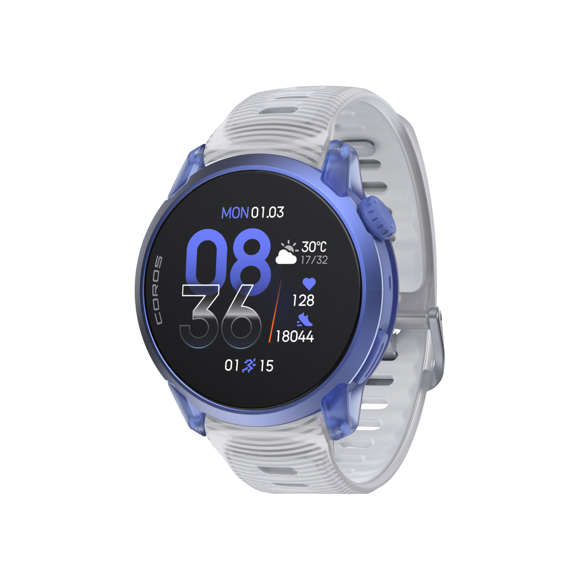Front three-quarter view of COROS PACE 4 Ultraviolet / Silicone / Cloud White