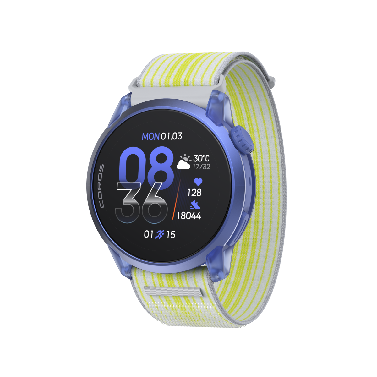Front three-quarter view of COROS PACE 4 Ultraviolet / Nylon / Striped White