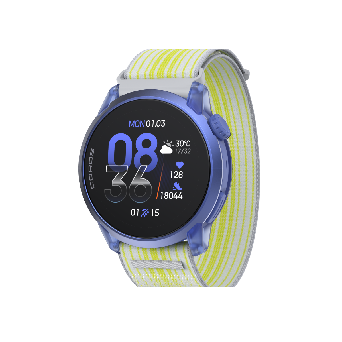 Front three-quarter view of COROS PACE 4 Ultraviolet / Nylon / Striped White