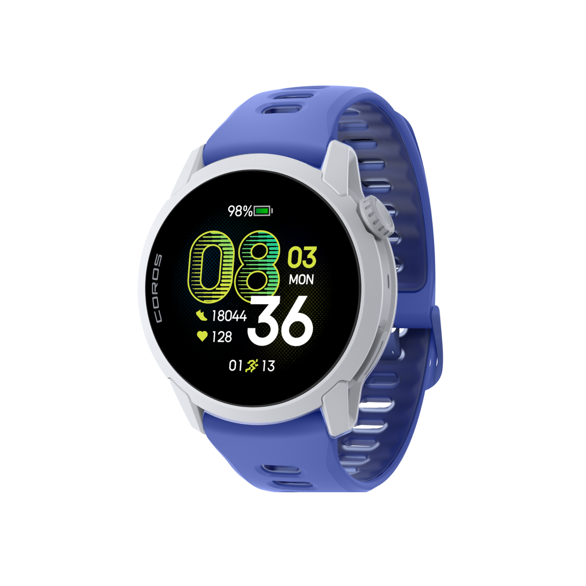 Front three-quarter view of COROS PACE 4 White / Silicone / Ultraviolet