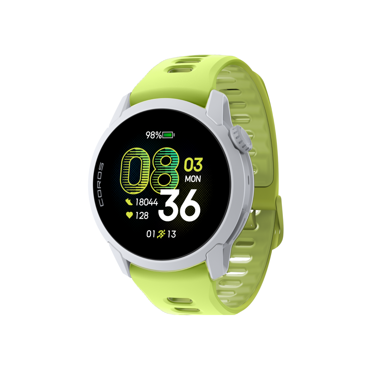 Front three-quarter view of COROS PACE 4 White / Silicone / Neon Yellow
