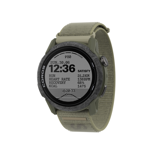 Front three-quarter view of COROS | SATISFY APEX 4 (46mm) in Burnt Olive with Nylon Band